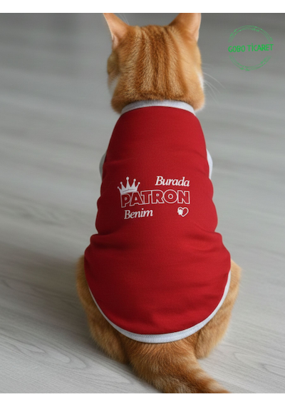 Burada Patron Benim Yazılı Kırmızı Kedi Ve Köpek Kıyafeti Elbisesi