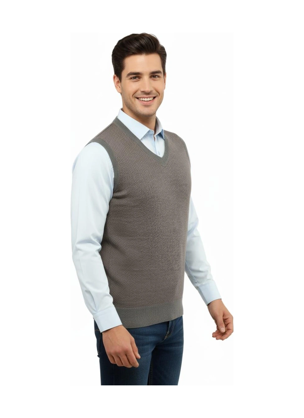 Çizgi Triko Erkek V Yaka Süveter Çelik Örgü Regular Kalıp 5206h Bgl-st04841 Koyu Gri