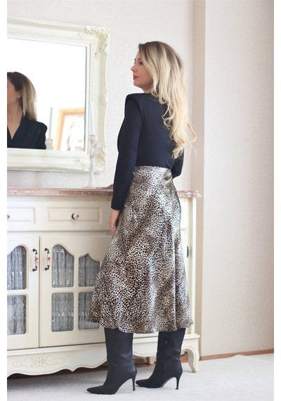 Ritnice Kadın Leopar Midi Saten Etek