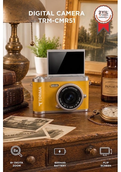 Mini Dijital Retro Kamera 48mp 8x Zoom Flip Ekranlı Selfie Video Vlog Kamerası Cmr51 Sarı