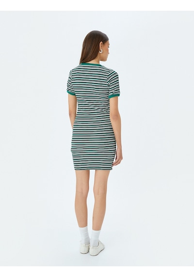 Koton Bisiklet Yaka Kısa Kollu Fitilli Mini Bodycon Elbise Yeşil Çizgili 5sal80042ık Yeşil Çizgili Yeşil