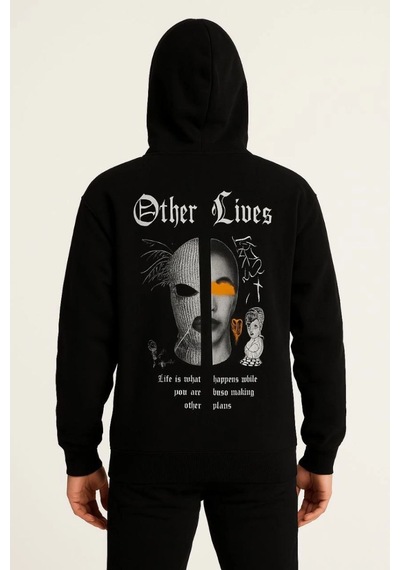 Vinevesta Erkek Kapüşonlu Kanguru Cepli Sweatshirt 3 İplik Pamuklu Baskılı Hoodie - Siyah Çok Renkli