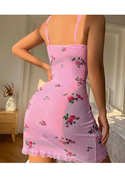 Jhena Çiçek Desenli Dekolte Detaylı Kadın Gecelik, Kadın Seksi Kadın Elbise Gecelik Bbb Pembe