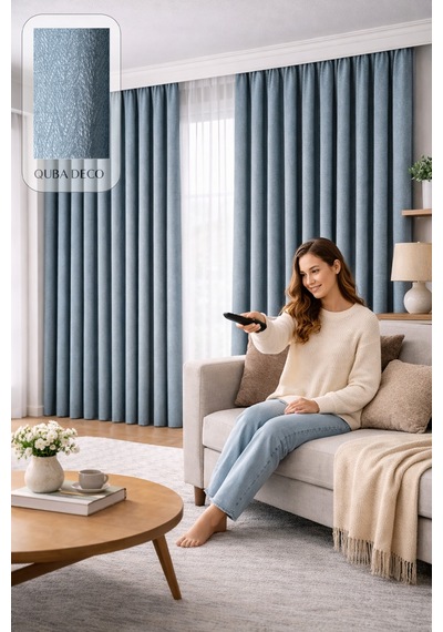 Balıksırtı Dokulu Premium Jakar Fon Perde Salon Oturma Odası Yatak Odası Çocuk Odası Mavi