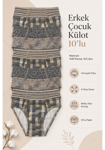 Tom John Erkek Çocuk Külot Pamuklu Likralı Garson 10 Lu Paket 41708 Çok Renkli