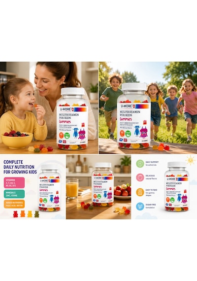 Multivitaminli Çocuk Gummies 60 Adet Şekersiz, Sığır Jelatini İçermez, Çilek-portakal Aromalı