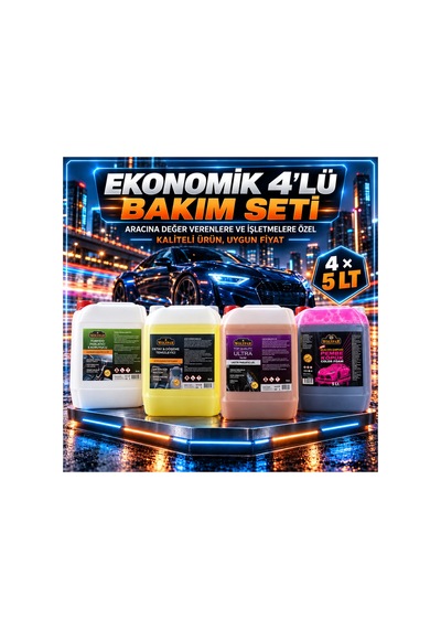 Ekonomik 4 Lü Oto Bakım Seti 4x5 Lt Pembe Köpük Şampuan, Döşeme Temizleyici, Torpido Ve Lastik Parlatıcı