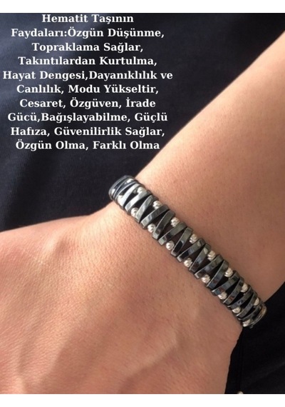 Doğal Hematit Taşlı Örgü Gümüş Toplu Tasarım Bileklik Zikzak Model