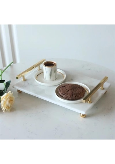 Akayev Mermer Beyaz Altın Boncuk Ayak Florya 30x20 Cm Tepsi Beyaz