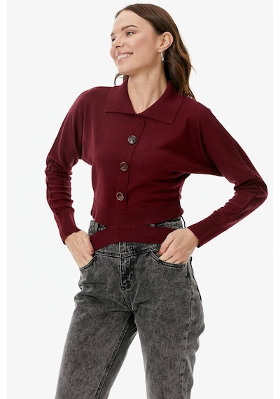 Sementa Parça Detaylı Polo Yaka Düğmeli Triko Crop  - Bordo
