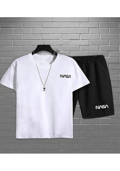 Hırsch Unisex Beyaz Üst Siyah Alt Nasa Baskılı Şort T-shirt Takım Beyaz