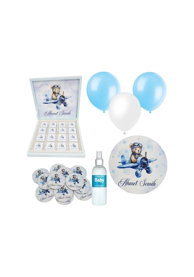 Bebek Doğum Hediyelik Süsleme Seti Çikolata Ahşap Magnet - Kapı Süsü - Kolonya - Balon Mod.6