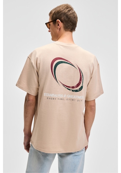 Grimelange MANOL Erkek Bisiklet Yaka %100 Organik Pamuklu Oversize Fit Bej T-Shirt