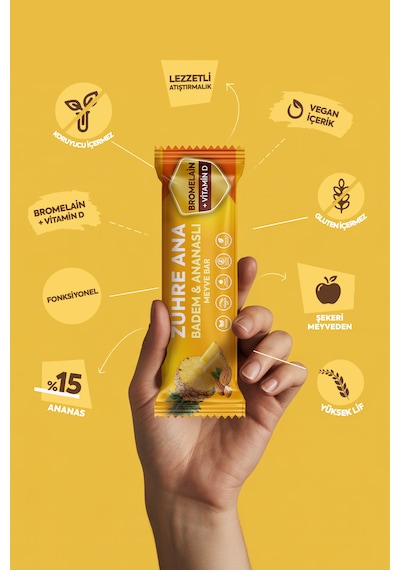 Bromelain Ve Vitamin D İçeren Meyve Bar, Şeker İlavesiz Badem Ve Ananaslı 35 Gr X 12 Adet