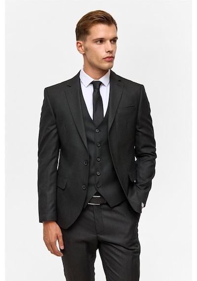 Süvari Siyah Slim Desenli Mono Yaka 6 Drop Yelekli Takım Elbise-38744 Siyah