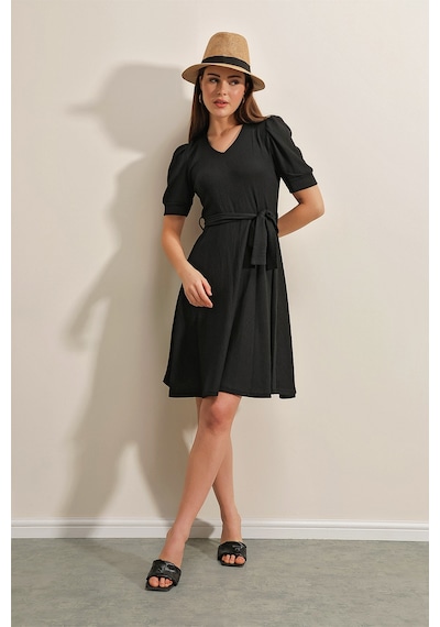 Bigdart 2370 Kuşaklı Örme Elbise - Siyah 001