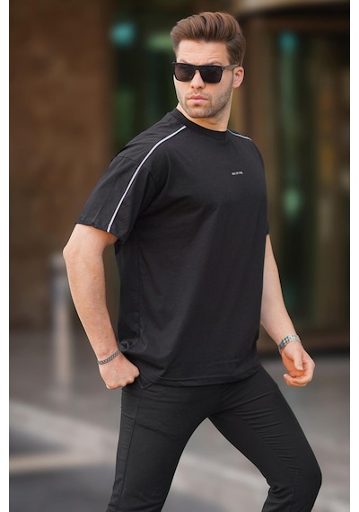 Madmext Siyah Oversize Bisiklet Yaka Tişört 7009-siyah Siyah