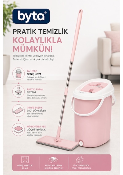 Büyük Tablet Mop Seti 16 L Pedallı Temizlik Kovası Ve Mikrofiber Mop 360 Döner Başlıklı Paspas Seti