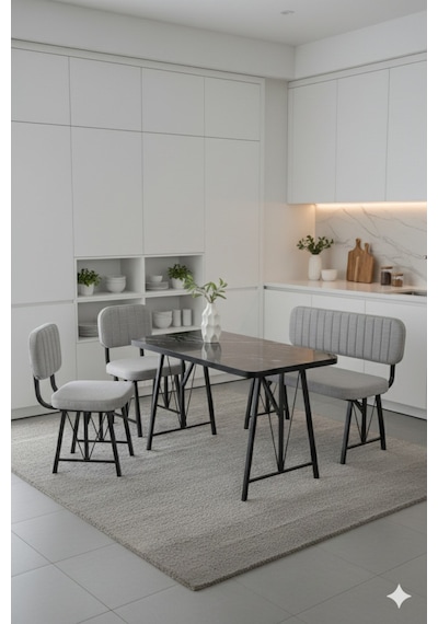 Elfin 70x110 Siyah Sabit, 2 Sandalye 1 Bench, Masa Sandalye Takımı, Mutfak Masası Takımı - Gri Elfin 70x110 Siyah Sabit, 2 Sandalye 1 Bench, Masa Sandalye Takımı, Mutfak Masası Takımı - Gri