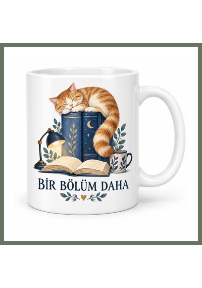 Bezos Bir Bölüm Daha Kitap Ve Uyuyan Kedi Tasarımlı Porselen Kupa - Model 259 Bezos1 Çok Renkli