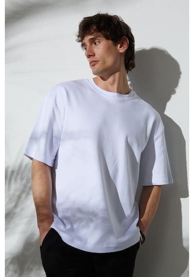 Tudors Unisex Oversize Geniş Kesim %100 Pamuk Yumuşak Dokulu Basic Bisiklet Yaka Beyaz Tişört-30842