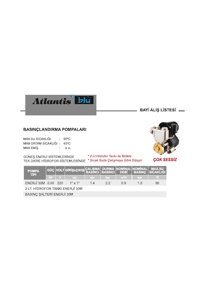 Atlantis Blu Enerji30M Basınçlandırma Pompası Güneş Enerjisi Için