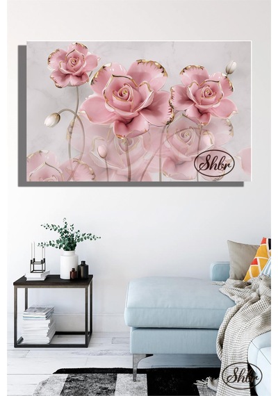 Tekli, Yatay, Kanvas, Dekoratif, Duvar, Tablosu , Pembe Gold Detaylı 3d Güller,