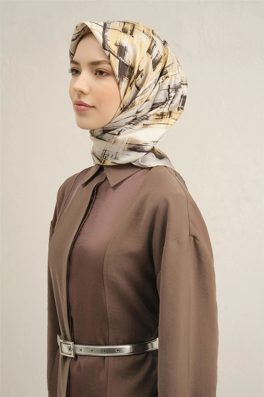 Armine Soyut Desenli Saf İpek Twill Eşarp 9350d 31 BEj