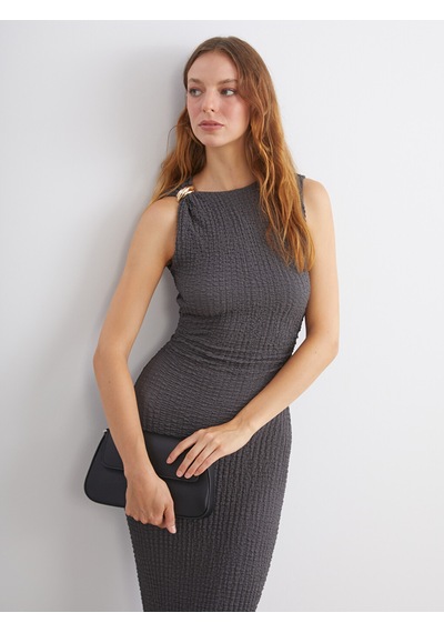 Lcw Vision Antrasit Bisiklet Yaka Büzgülü Bodycon Elbise