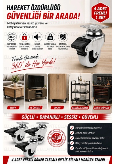 4 Adet Frenli Döner Tablalı 50 Mm Bilyalı Mobilya Tekeri 360 Döner Masa Dolap Sehpa Tekeri Ağır Yük Çok Renkli