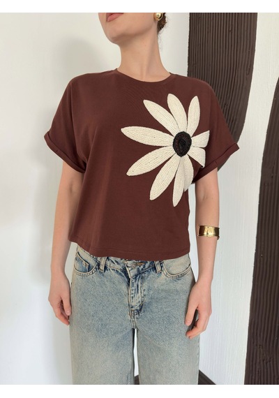 Verymoda Çiçek Detaylı Tişört D2910 Kahve