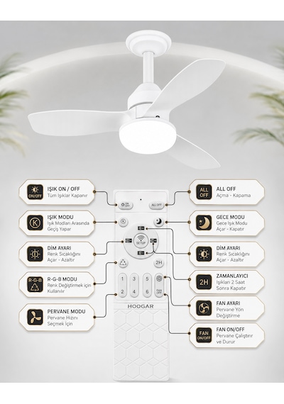 German New White Super Fan 60 Cm Kalın Kanat Dim Ayarlı Tavan Vantilatörü Rgb Led 16 Renk Sessiz Sinek Kovar