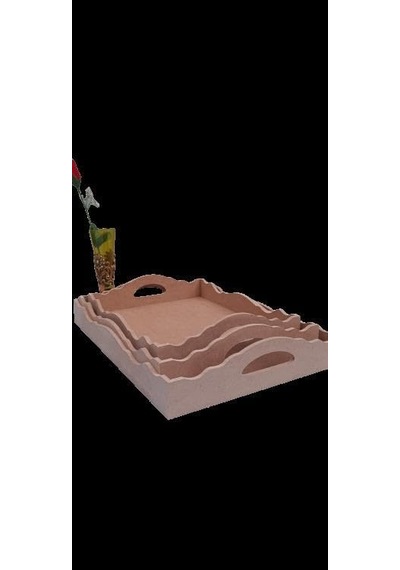 Hobi 90035 Dekoratif Tepsi Seti Üçlü Model Ham Ahşap Mdf El Yapımı Diğer