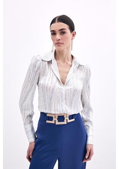 Sateen Geniş Manşetli Gömlek - Ekru-mavi-135964 Ekru-mavi Ekru - Mavi