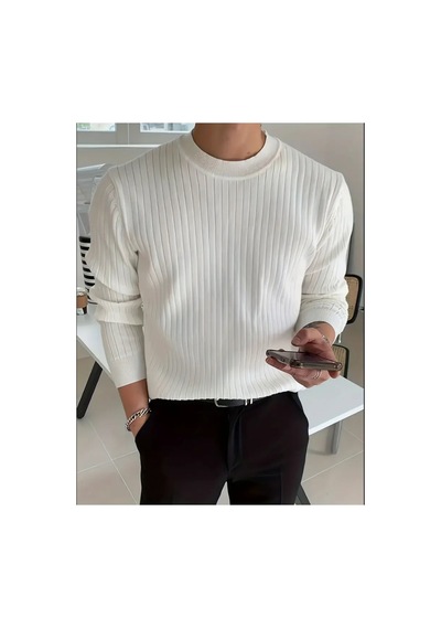 Cool Tarz Erkek Beyaz Bisiklet Yaka Slim Fit Triko Kazak Beyaz Beyaz