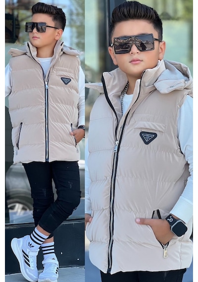 Pina Kids Erkek Çocuk Çıtçıt Kapüşonlu Nova Kumaş Şişme Yelek Ylk3026 Camel