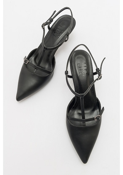 Luvishoes Frans Siyah Cilt Kadın Sivri Burun Arkası Açık Kısa Topuklu Ayakkabı Sıyah Cılt