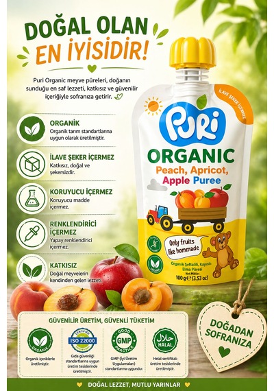 Organic %100 Organik Meyve Püresi Şeftali - Kayısı - Elma 100 G İlave Şekersiz