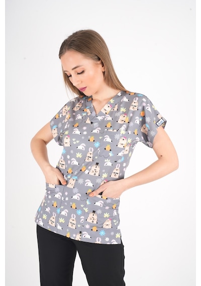 Unisex Snack Time Desenli Doktor Hemşire Cerrahi Scrubs Üniforma Takım Gri - Siyah