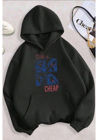 Cheap Baskılı Oversize Sweatshirt Siyah