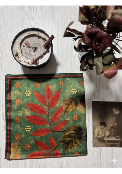 Trend Dokunuş Kadın 50-50 Saten Yaprak Desenli Fular Bandana Yeşil