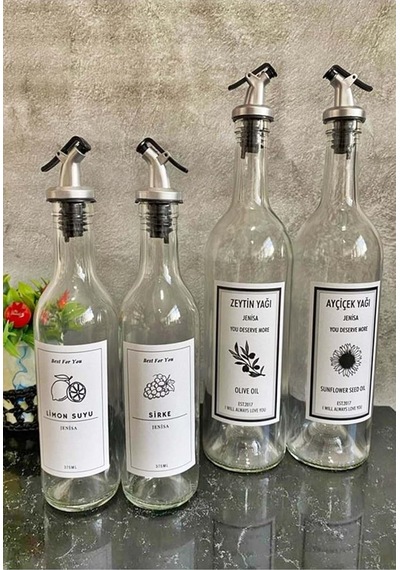Şeffaf Cam Etiketli Akıtıcılı 750 Ml Yağlık 375 Ml Sosluk Yağdanlık Set Çok Renkli