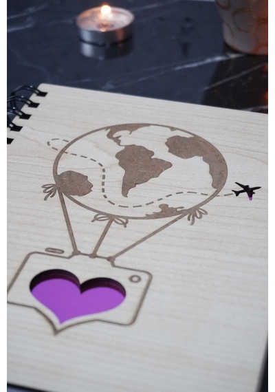 Dünyalı Balon Desenli Ahşap Defter - Günlük - A5 Spiralli Çizgisiz Defter Ahşap Rengi Banu