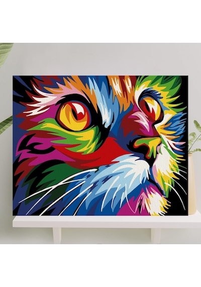 Sayılarla Boyama Tuval Seti Fırça Boya Dahil Çıtalı 40x50 Cm - Renkli Kedi Çok Renkli