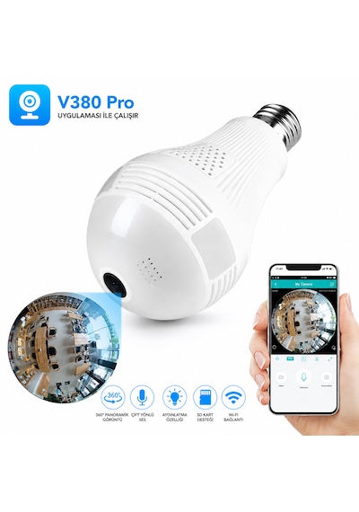 360 Panoramik Ampul Kamera E27 Duy Girişli Led Wifi Ip Kamera V380 Pro Türkçe Uygulama Destekli