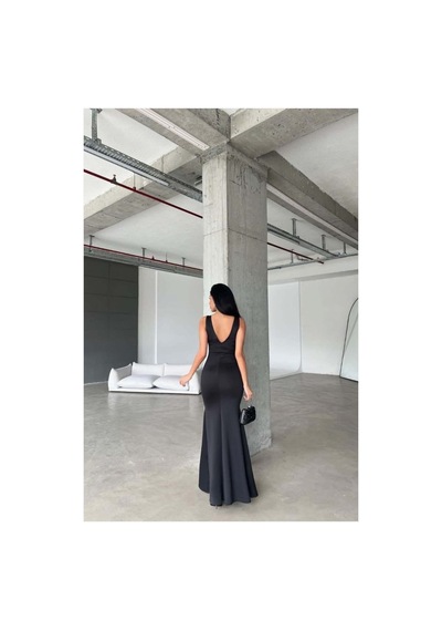Lior Design Kadın Vintage V Yaka Yırtmaçlı Maxi Abiye Elbise Siyah