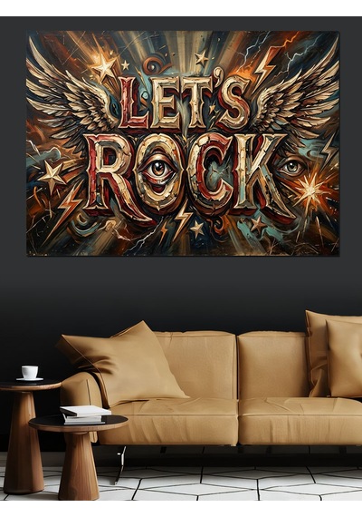 Kanatlı Let's Rock Müzik Yazısı Dekoratif Kanvas - Mdf Ahşap Tablo