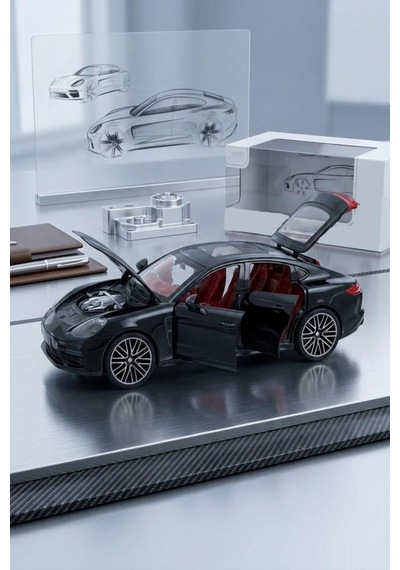 Işıklı Sesli Pilli 1:24 Metal Porsche Panamera Turbo Kapısı Kaputu Ve Bagajı Açılabilir Model Araba Siyah