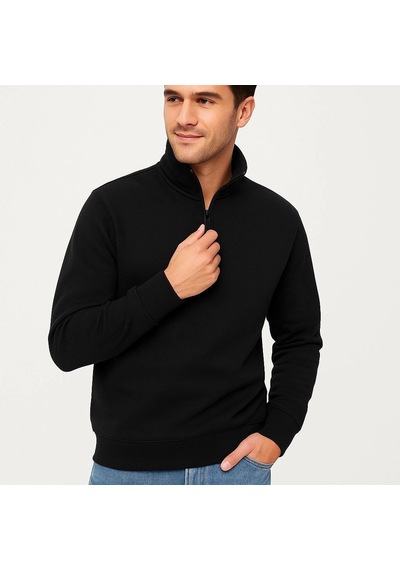 Barlashive Erkek Dik Yaka Sweatshirt Dik Yaka Yarım Fermuarlı 3 İplik Pamuk Kumaş - Siyah Çok Renkli