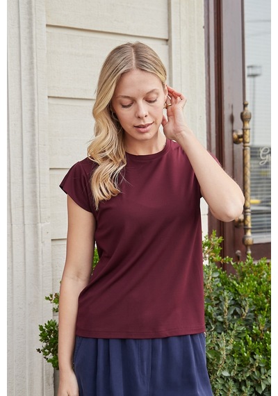 Jument Kadın İpeksi Kumaş Geniş Sıfır Yaka Kısa Kol Tshirt Bluz-bordo
